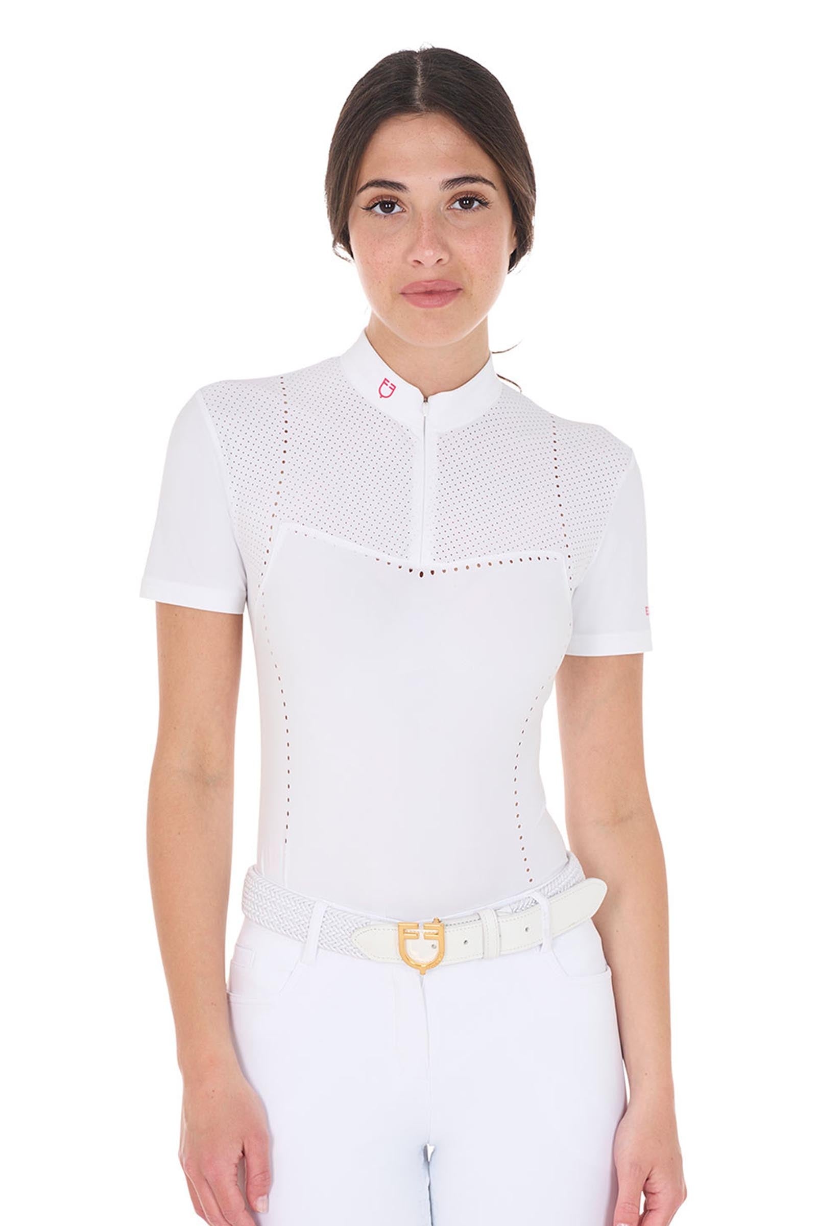 Equestro Women's Slim Fit Zipped Competition Polo Shirt in Perforated Fabric Women’s Riding Clothing